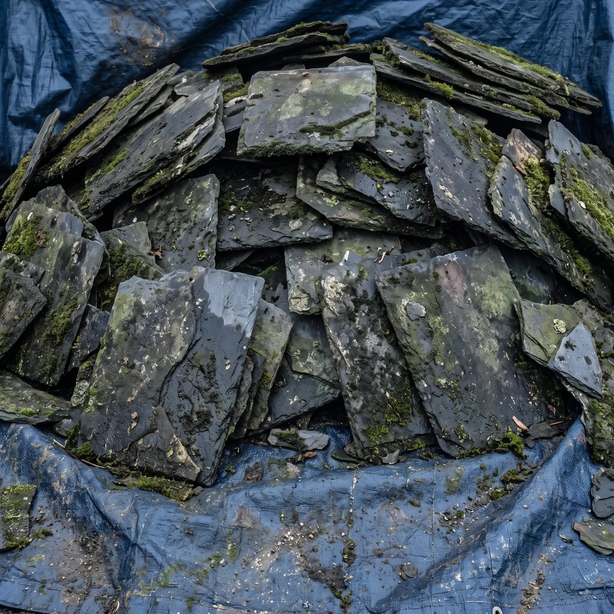 Heap of moss-blackened slipped slates piled on a tarpaulin