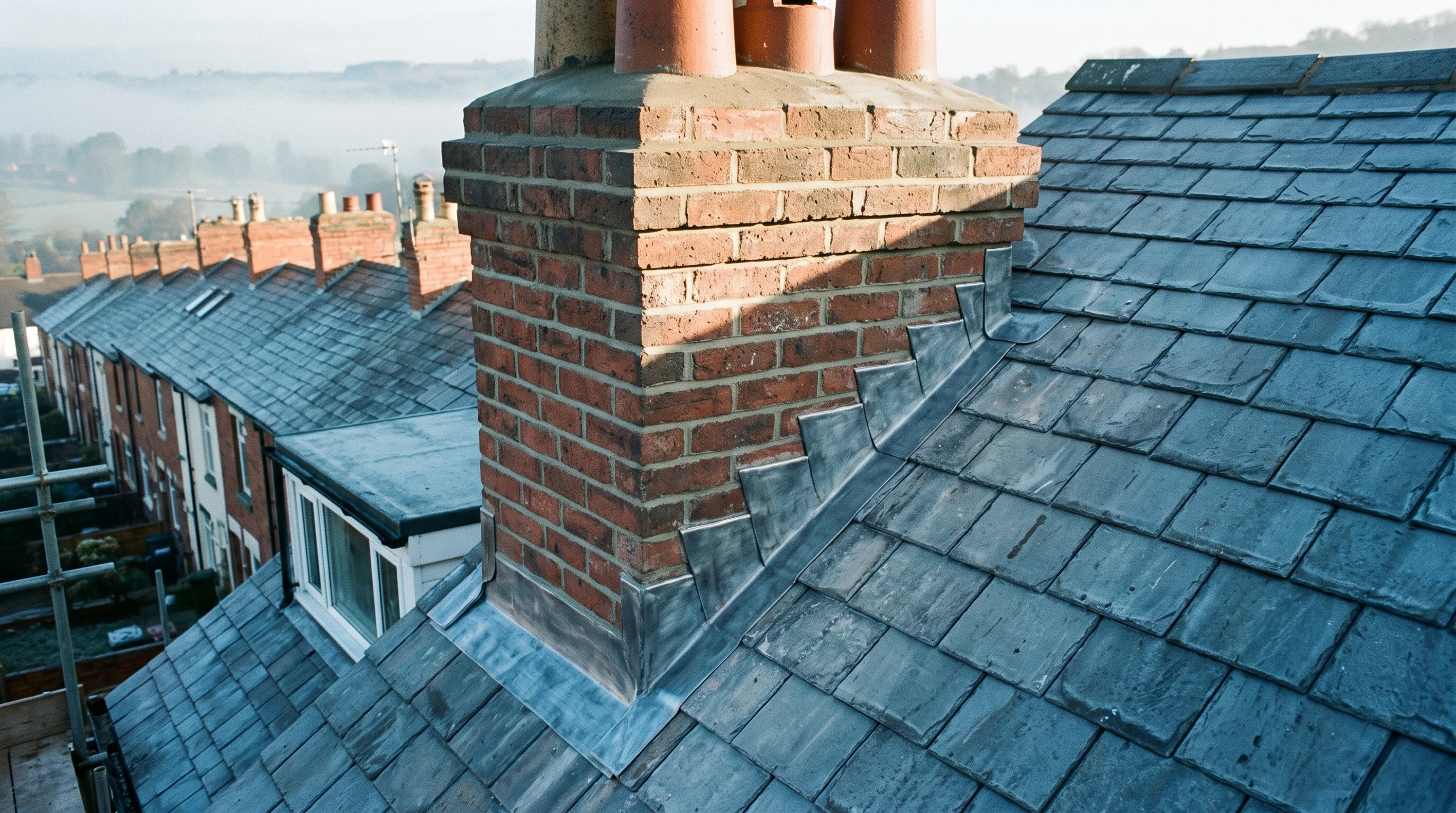 Repointed brick chimney stack with new stepped lead flashings on a slate terrace roof