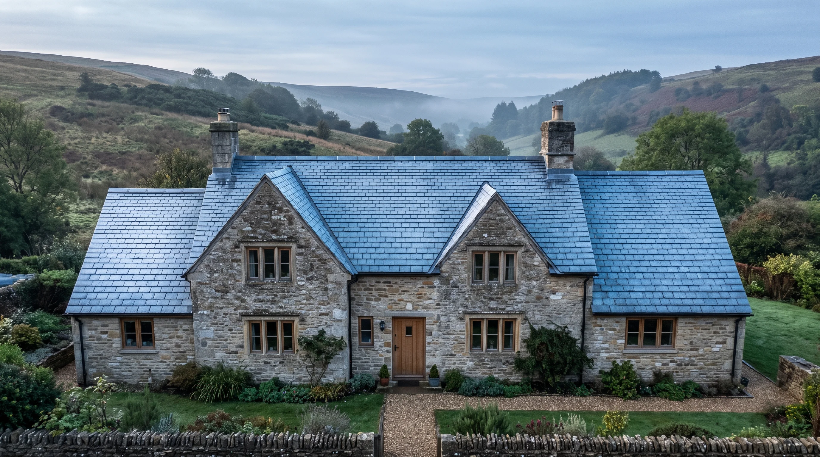 Stone cottage with a newly re-laid riven slate roof, photographed square-on against green hills