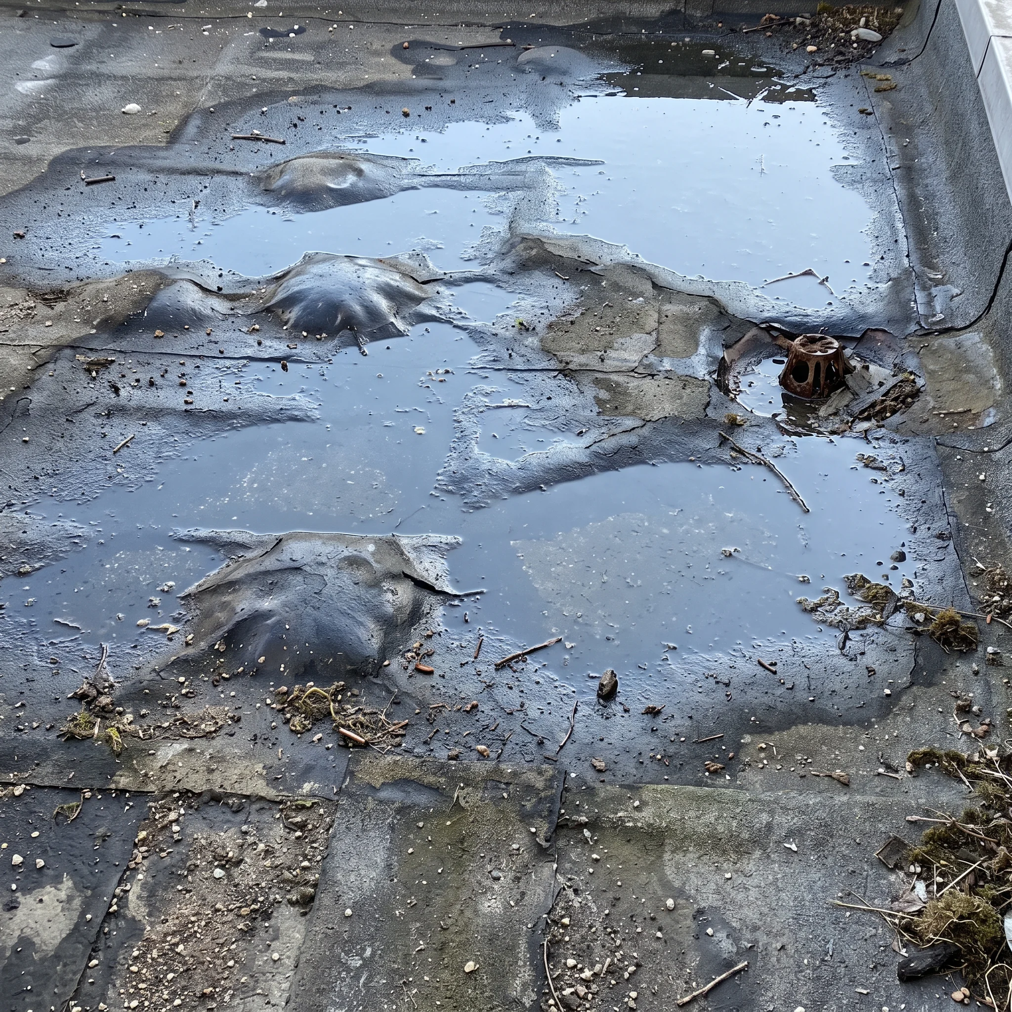 Blistered felt flat roof holding standing water before replacement