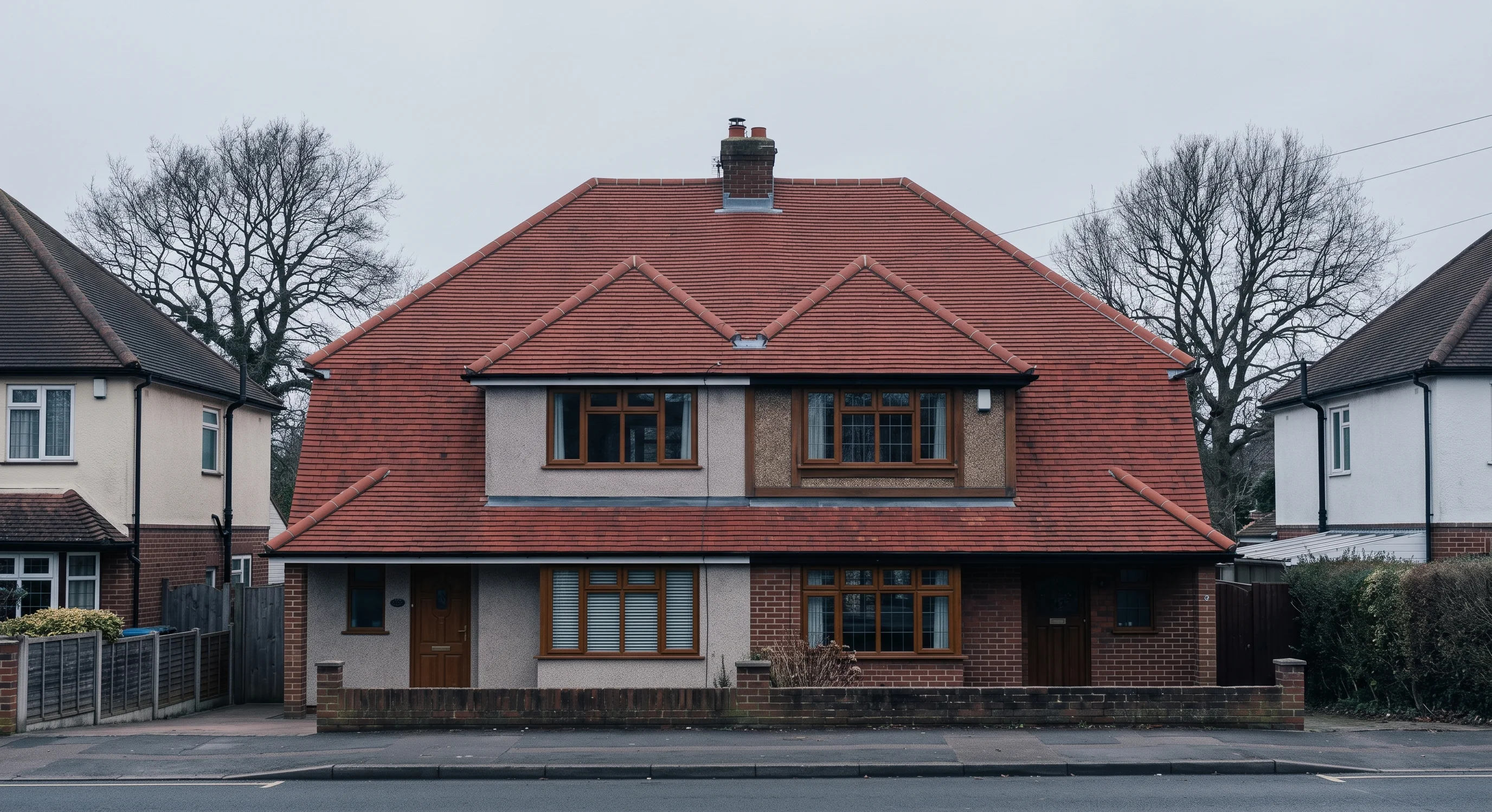 1930s semi-detached house with a newly re-roofed clay tile roof in matched red-brown tiles