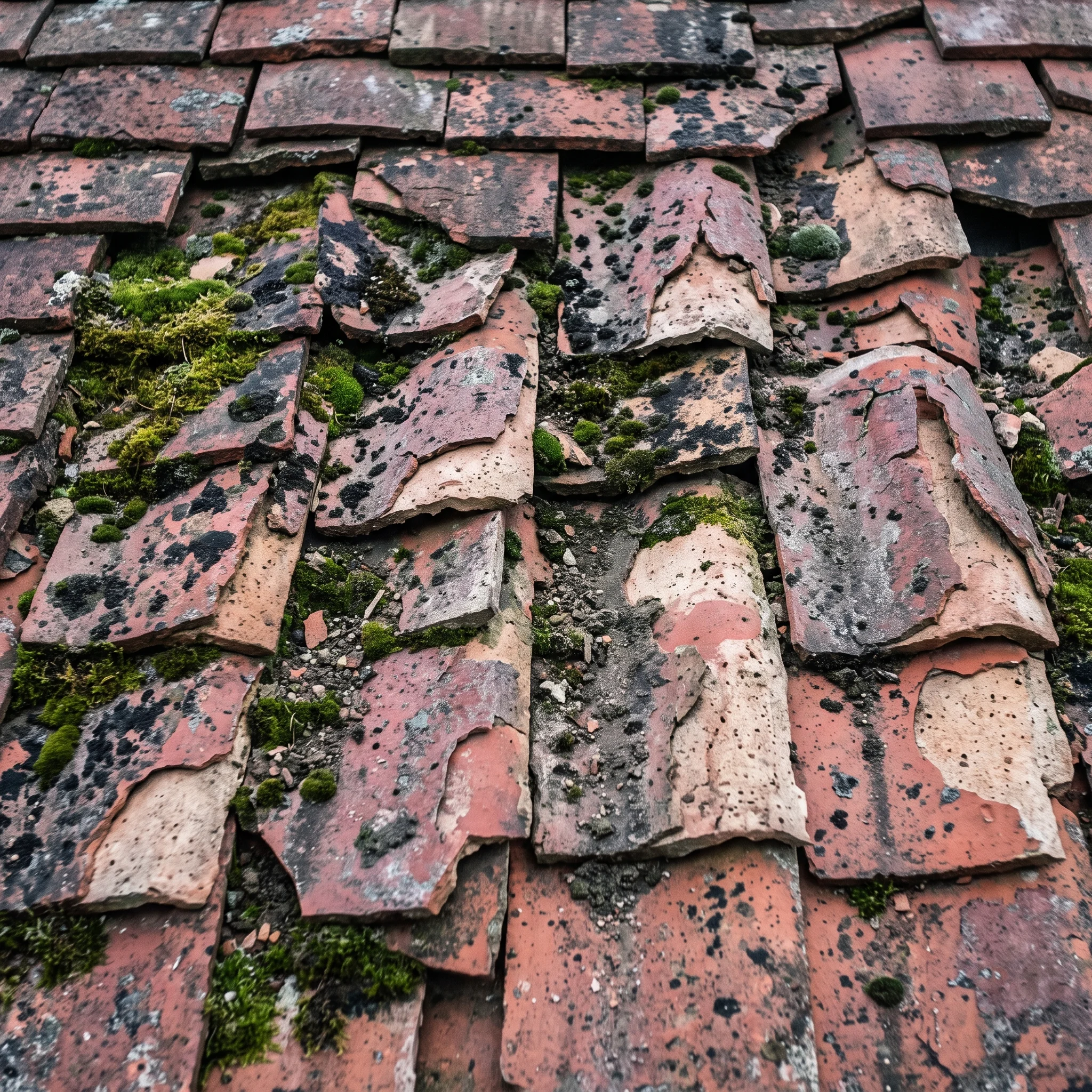Frost-spalled clay tiles flaking apart with moss in the laps