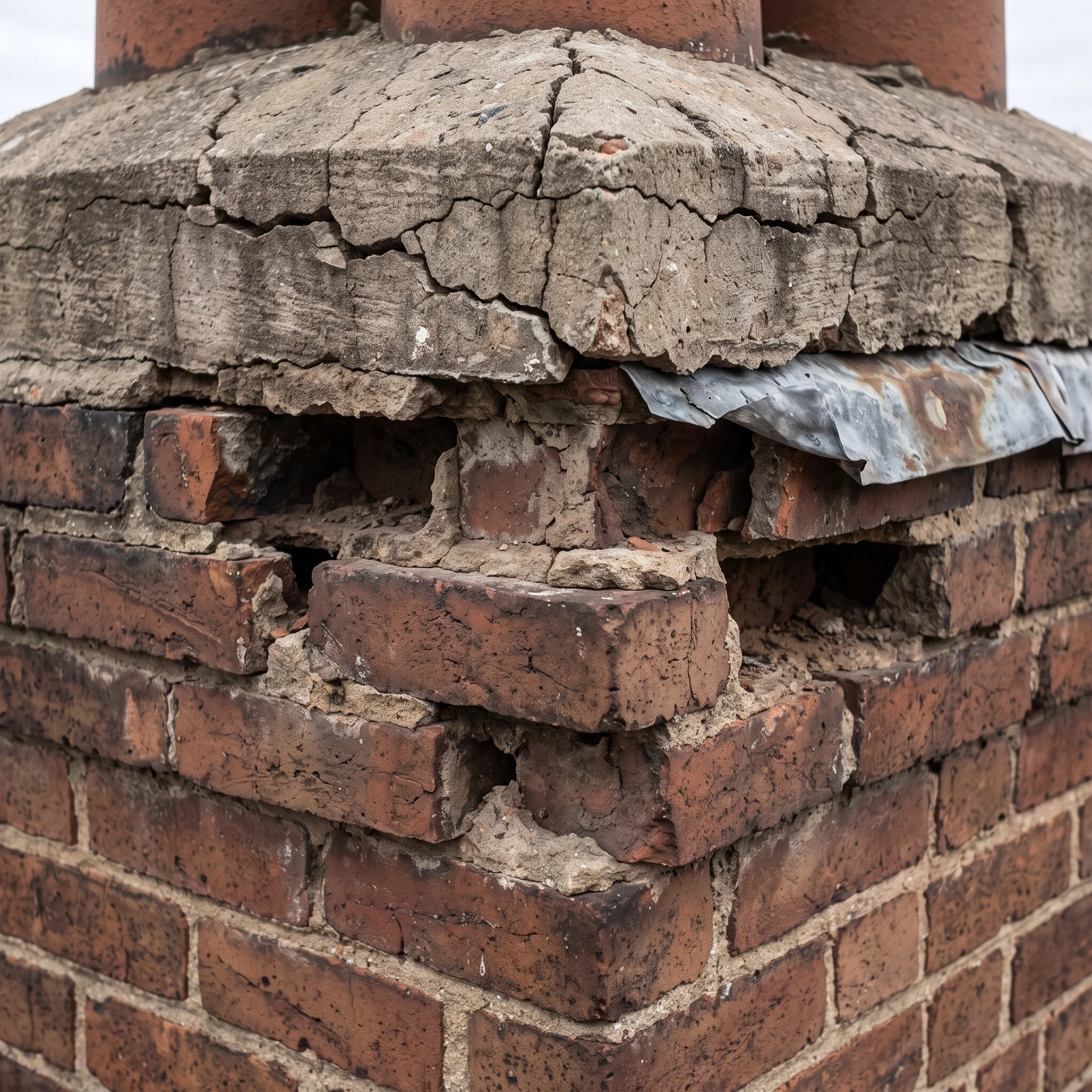 Weathered chimney stack with eroded mortar joints and cracked flaunching before repair