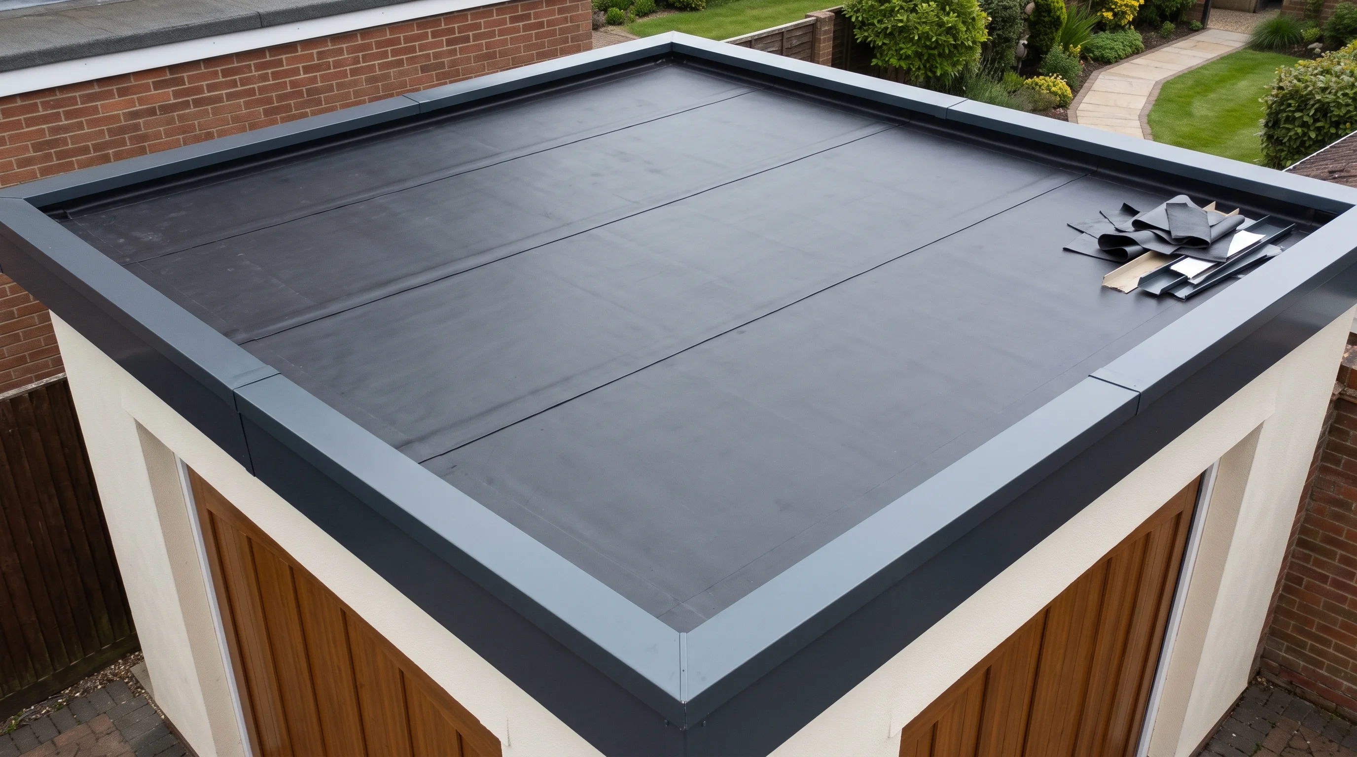 Finished flat garage roof in one sheet of dark EPDM with neat grey edge trims