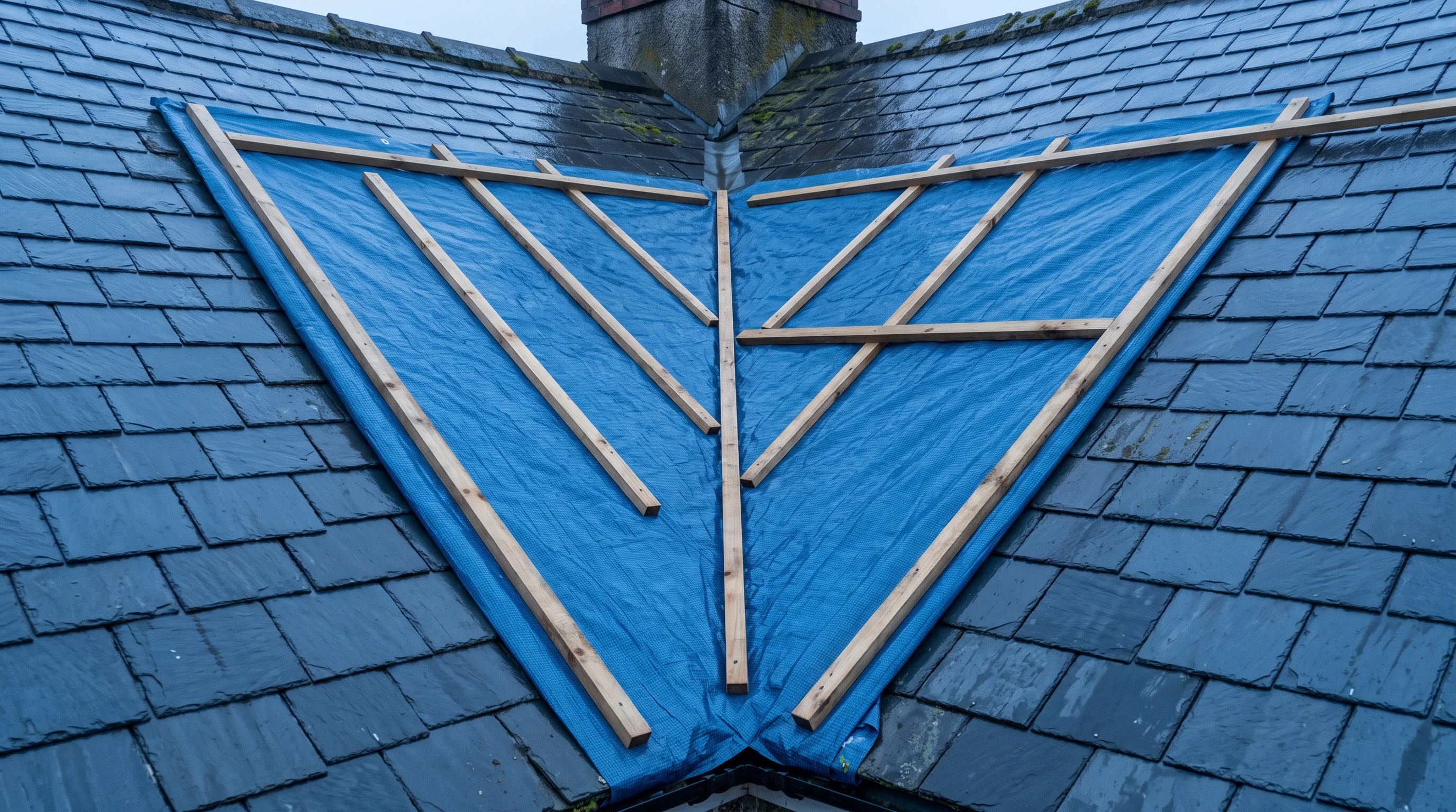 Tarpaulin battened over a storm-damaged roof valley at dusk, wet slate catching the last light