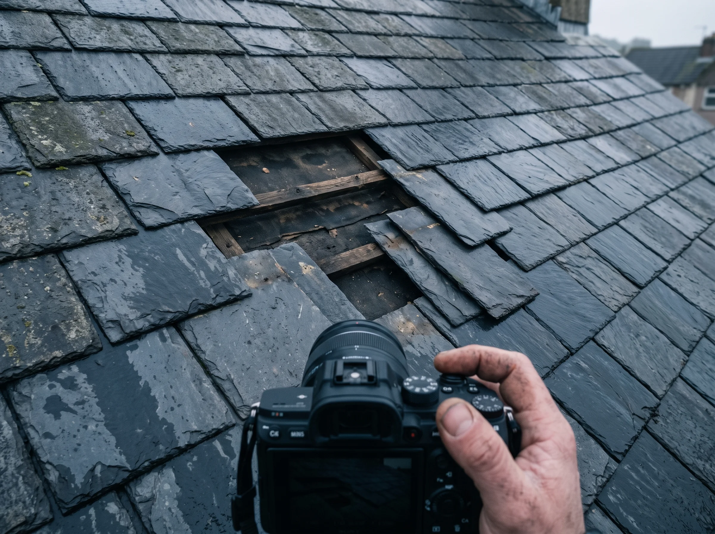 Gloved hand holding a work camera to photograph a slipped slate course