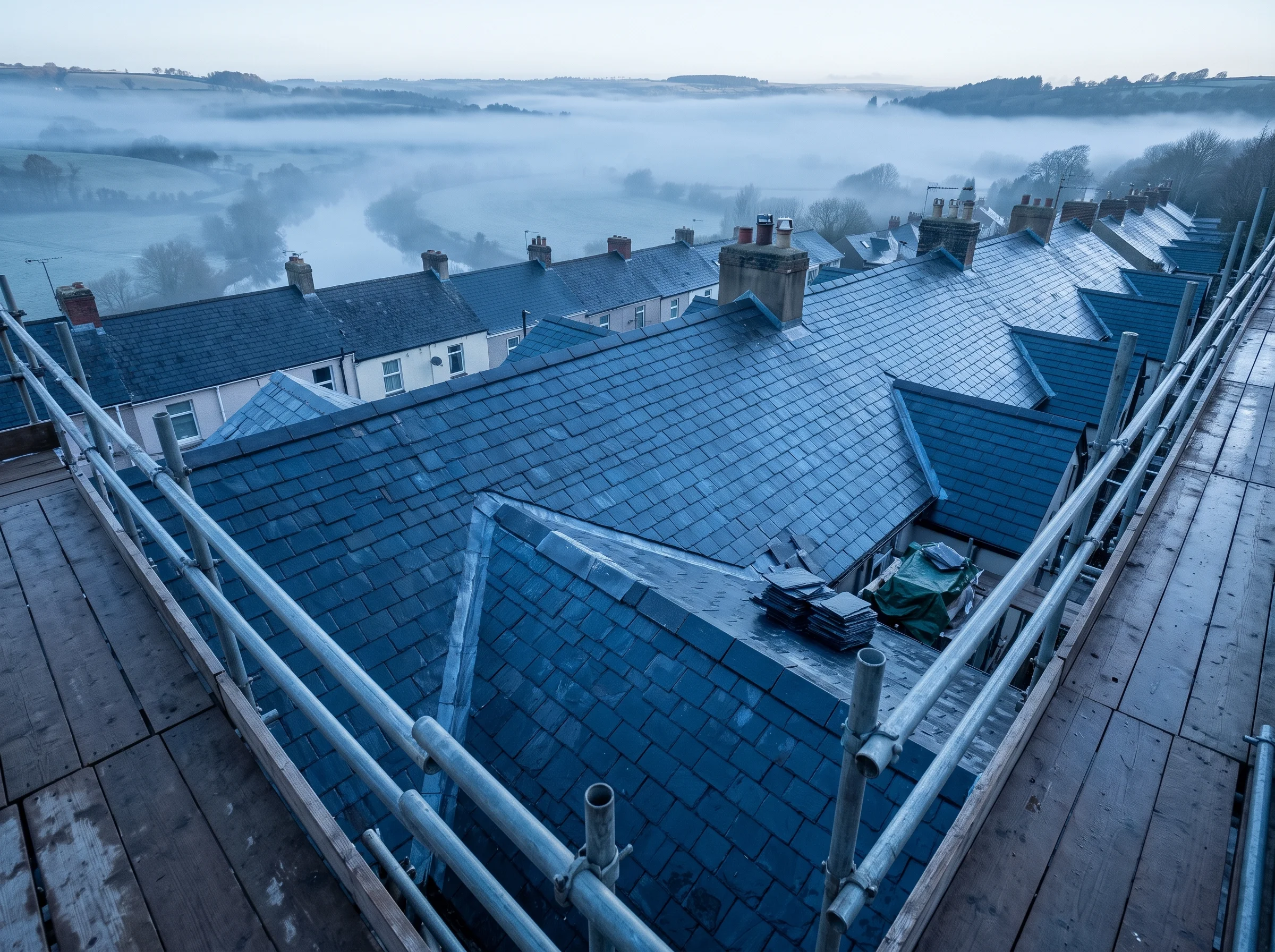 View along a scaffold walkway over a wet slate terrace roof with mist in the valley beyond