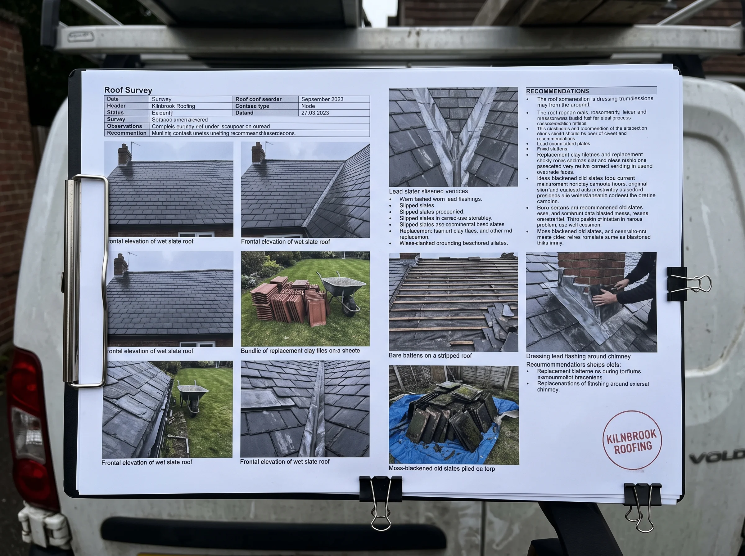 Printed written roof survey with photographs clipped to it, resting on a van tailgate