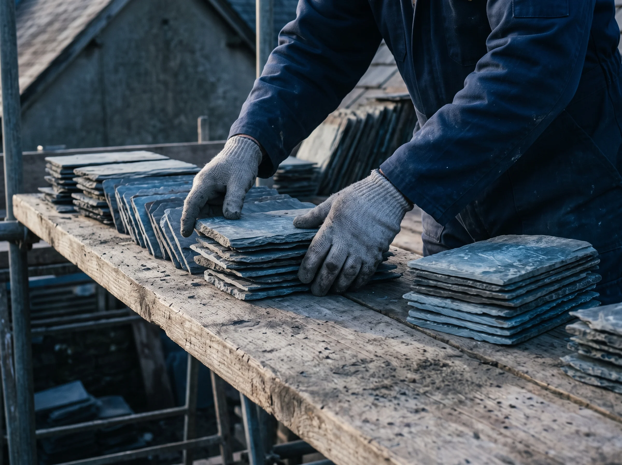 Weathered hands sorting riven reclaimed Welsh slates by thickness on a scaffold board