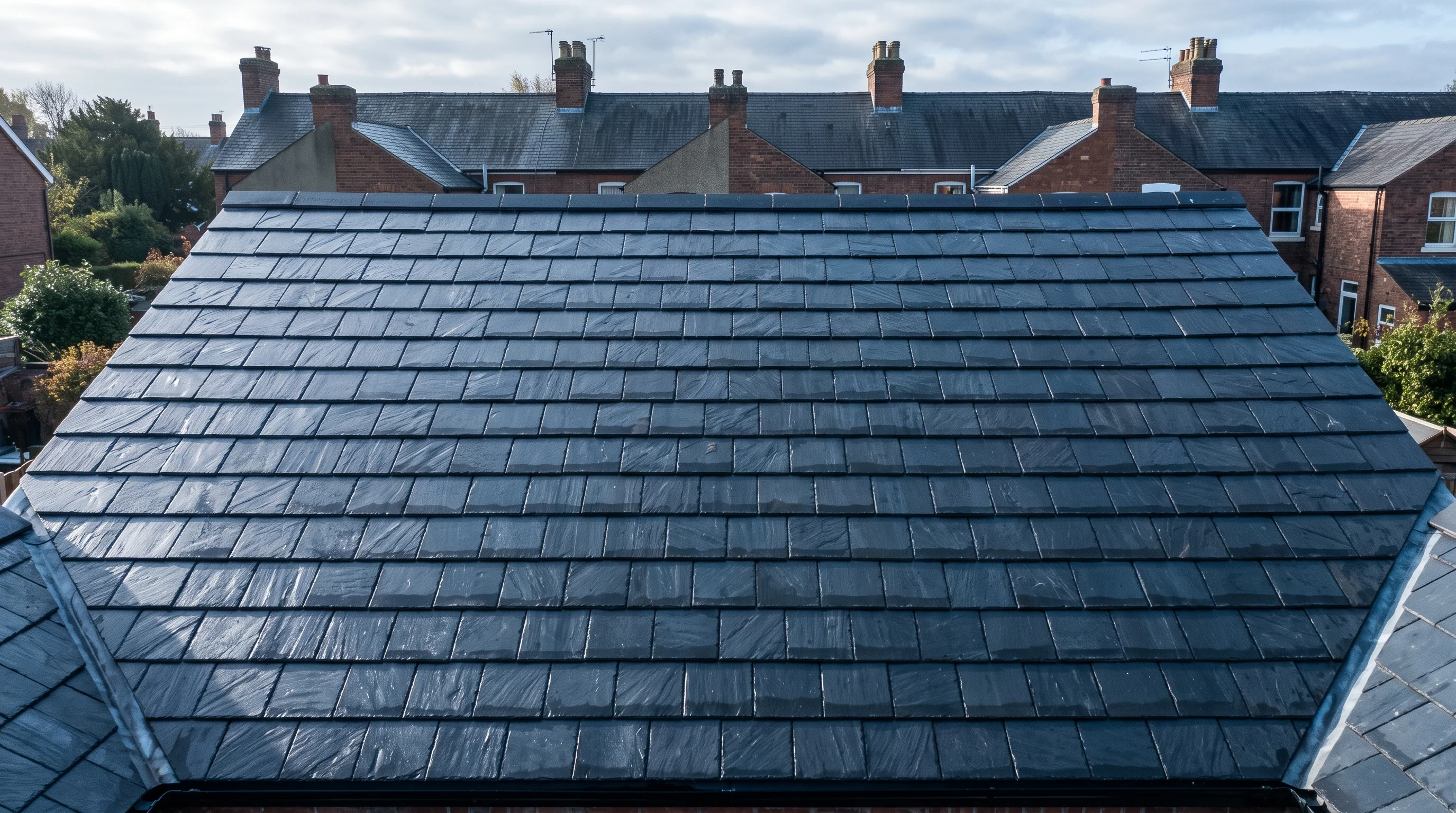 Frontal elevation of a re-laid Welsh slate terrace roof, wet after rain, with chimney pots on the skyline.