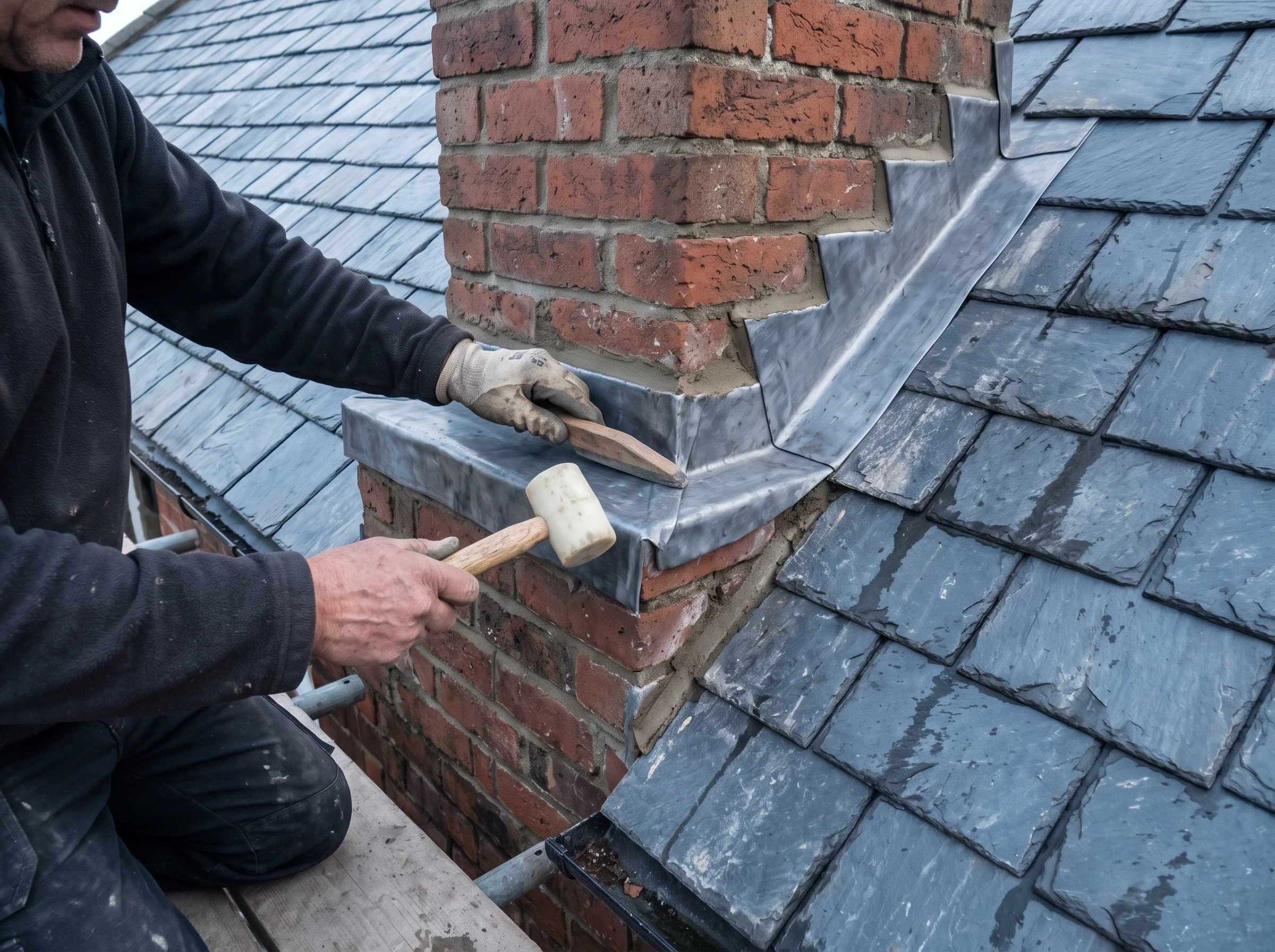 Roofer's hands dressing lead into a brick chimney flashing above wet slate courses