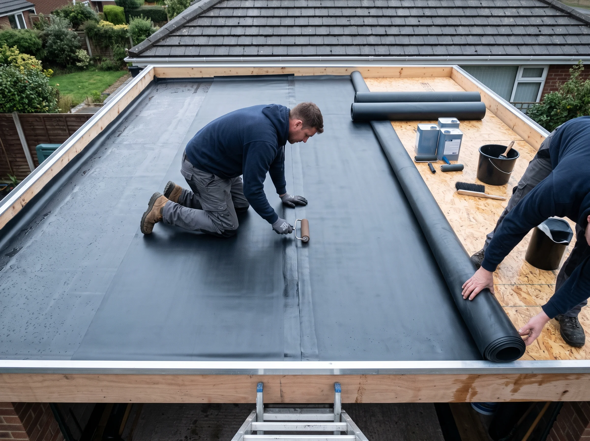 EPDM rubber membrane part-rolled across a new flat roof deck with a seam roller on the boards