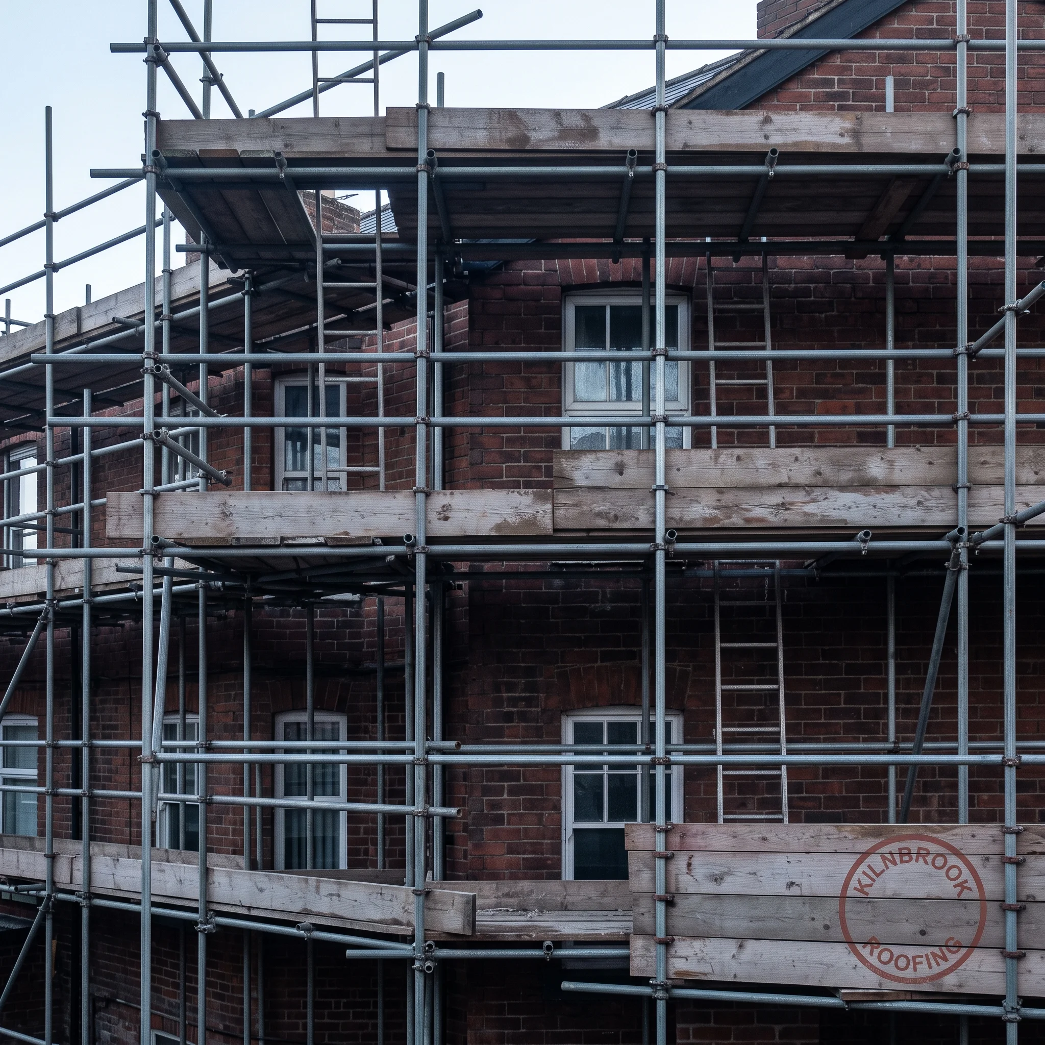 Boarded scaffolding standing square against a brick terrace house in early morning light