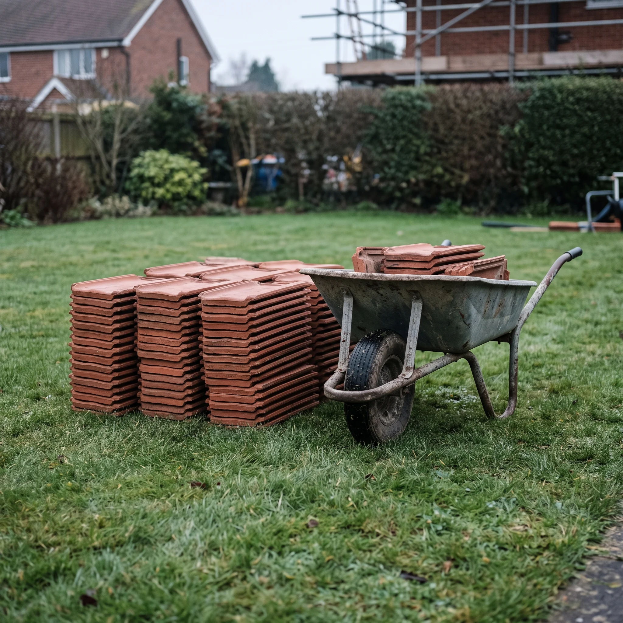 New clay tiles stacked on a lawn beside a wheelbarrow, dust sheet over the border behind