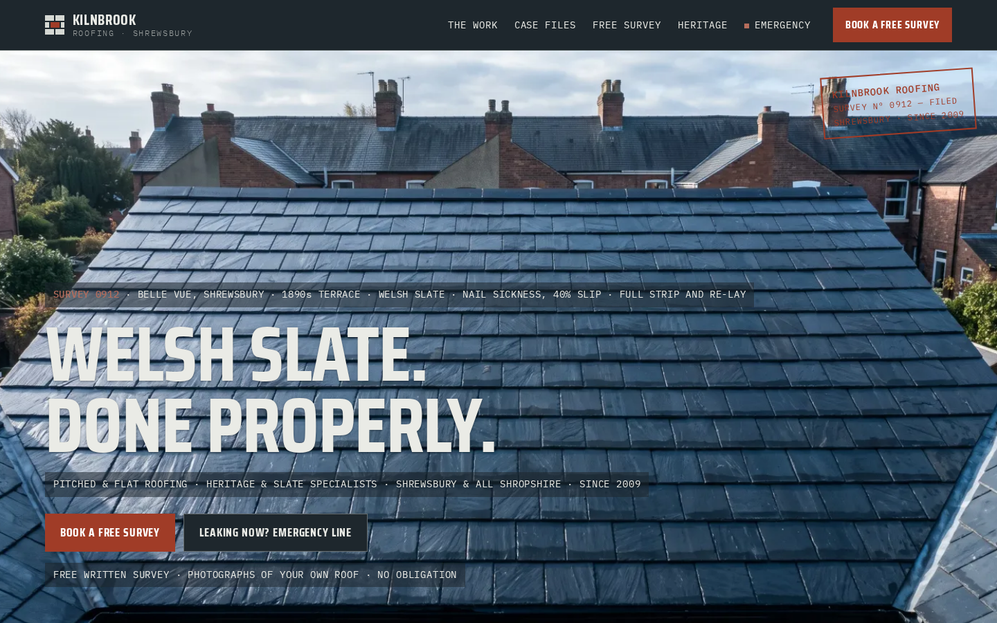 Kilnbrook Roofing home page on a desktop screen