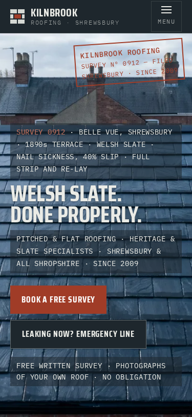Kilnbrook Roofing home page on a phone